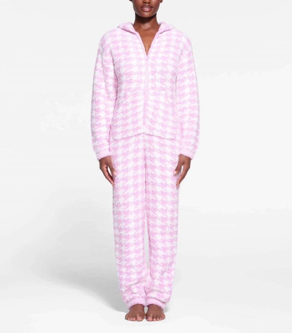 NEW SKIMS unisex cozy knit onesie in petal houndstooth